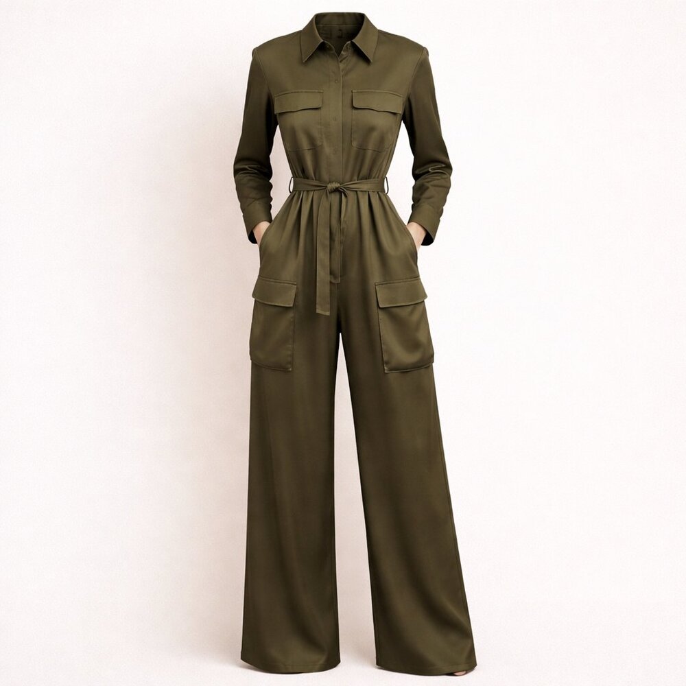 Scoop Olive Green Utility Jumpsuit M Belted Cargo Flight Suit Long Sleeve Spring